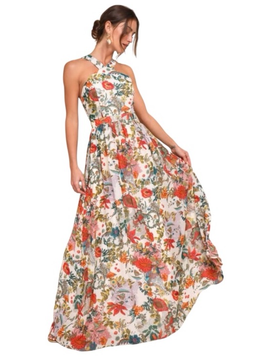 Lulus Lilja Cream Floral Halter Maxi Dress Size M Nwt Wedding Guest Boho Summer